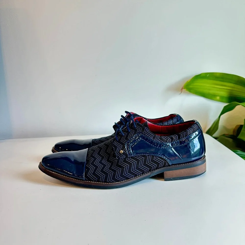 Mens Navy Blue Chevron Pattern Patent Cap Toe Dress‎ Shoes Oxford Size 8.5